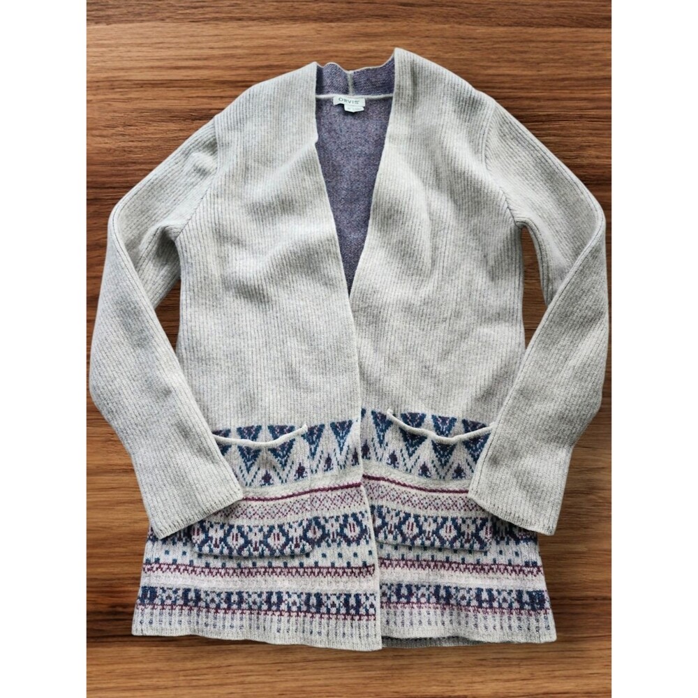 Orvis Oatmeal Fair-Isle Geometric Pattern Open Front Wool Cardigan. Sz. M
